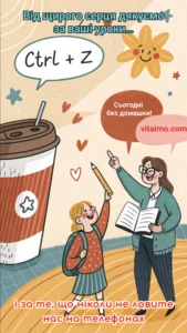 Листівка з Днем вчителя з ученицею, вчителькою, кавою та написом Ctrl+Z