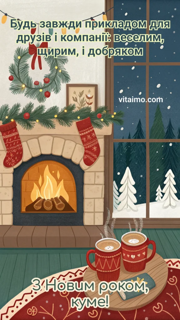 Затишне новорічне привітання куму з каміном і кавою