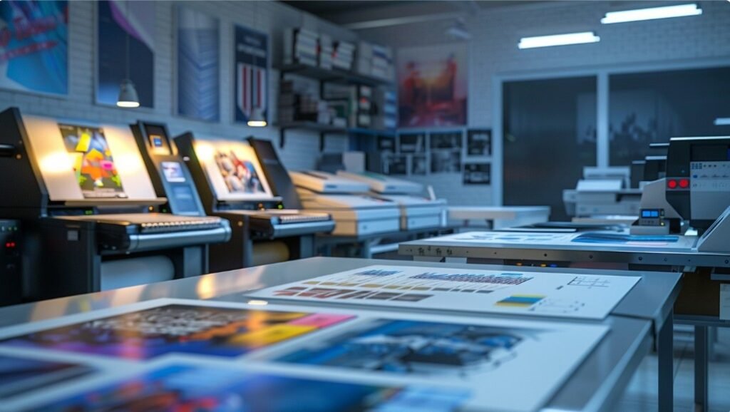 Принтери для цифрового друку в онлайн-друкарні 24print.ua з поліграфічними матеріалами на столі.