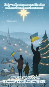Сім’я з українськими прапорами на зимовому пагорбі під різдвяною зіркою — новорічна листівка