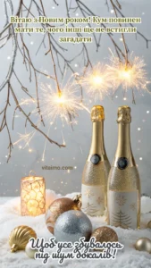 Новорічне привітання для кума із золотистими пляшками шампанського, бенгальськими вогнями та ялинковими кулями на снігу.