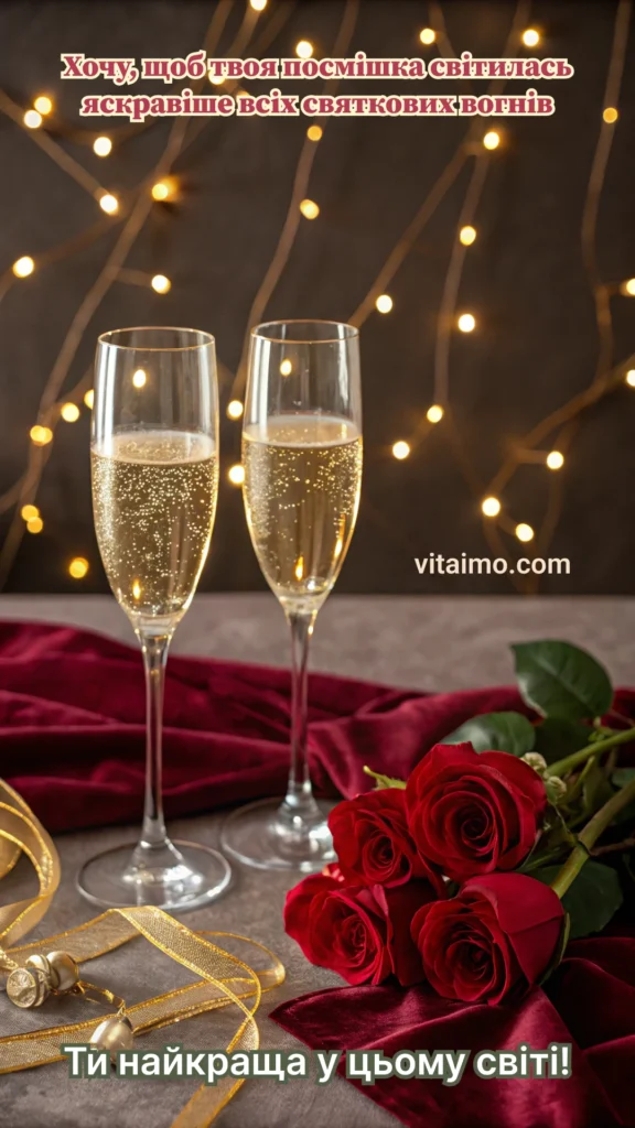 Новорічна романтична листівка з келихами шампанського та трояндами для коханої