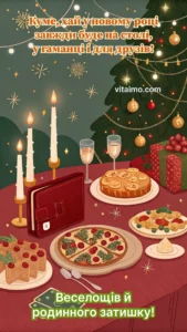 Святковий новорічний стіл із стравами, гаманцем, подарунками та ялинкою як привітання для кума.