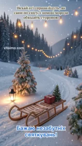 Зимова доріжка в лісі з дерев’яними санчатами, подарунком, ліхтарем і гірляндами вогників для святкового привітання.