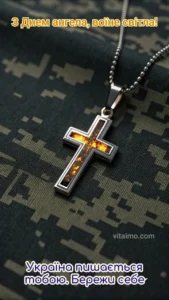 Сяючий металевий хрестик на ланцюжку лежить на формі з військовим камуфляжем для привітання військового з Днем ангела.
