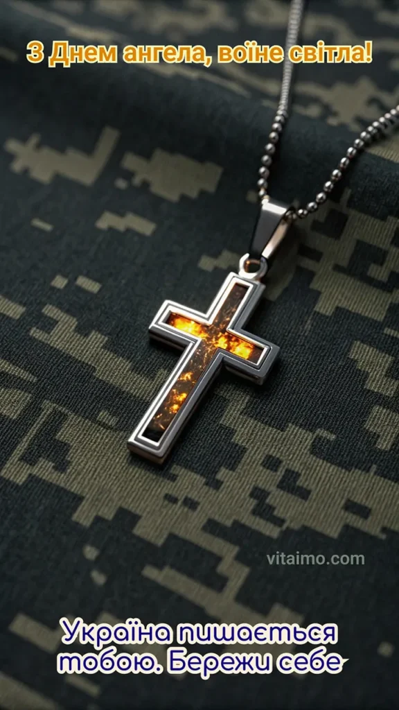 Привітання з Днем ангела для воїна світла з хрестиком на камуфляжі