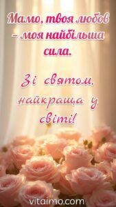Ніжна листівка для мами з букетом блідно-рожевих троянд у м’якому теплому світлі.