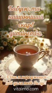 Зворушливе привітання З Днем народження для бабусі з чашкою чаю та ромашками на фоні.