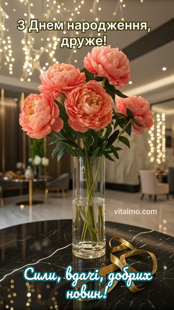 Елегантне привітання з Днем народження другу з букетом рожевих півоній