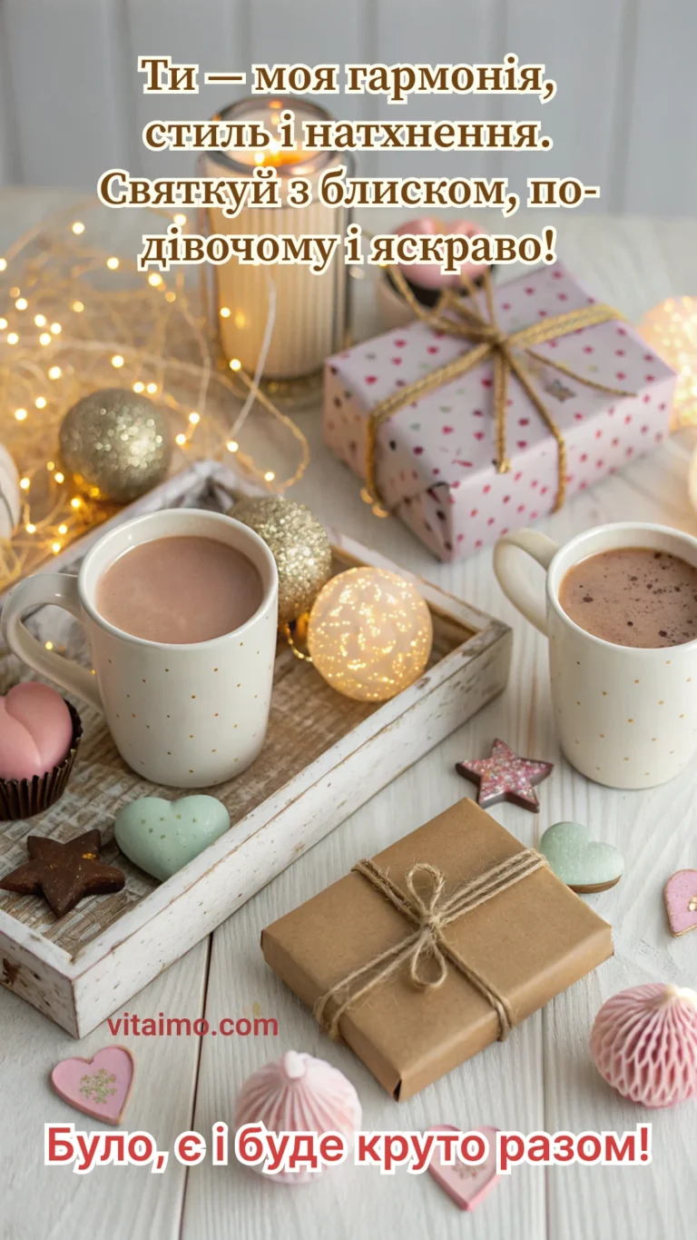 Затишне привітання з Днем народження для коханої з какао, подарунками й вогниками