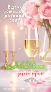 Привітання З Днем народження для куми з келихом шампанського, рожевими трояндами та свічками на святковому столі.