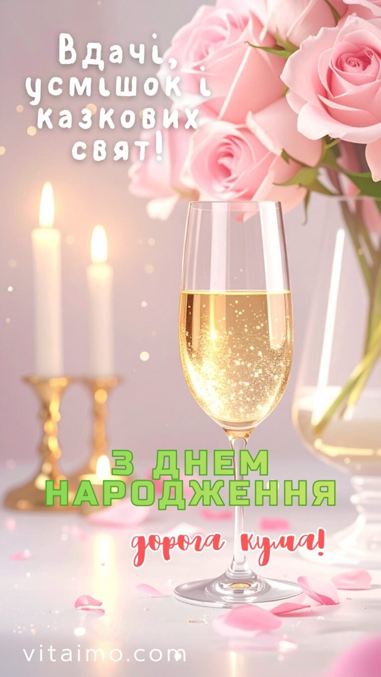 Ніжна святкова листівка для куми з Днем народження з шампанським і трояндами