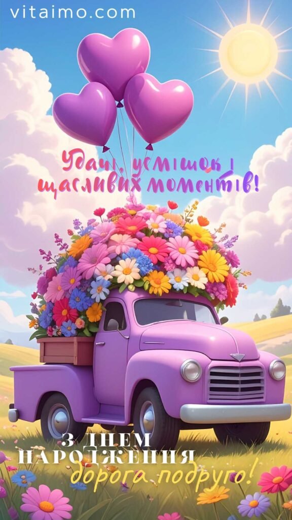 Привітання з днем народження для дорогої подруги з квітковим святковим авто