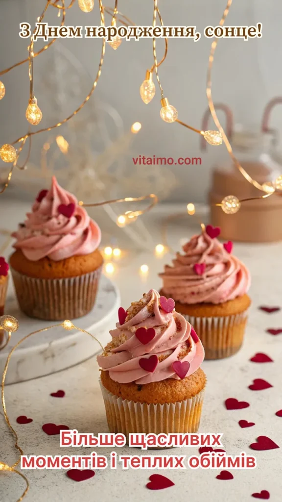 Ніжна листівка з Днем народження для сонечка з капкейками й теплими вогниками