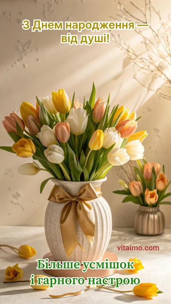 Вітальна листівка з Днем народження з букетом тюльпанів