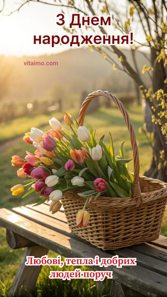 Привітальна листівка з Днем народження з кошиком тюльпанів на природі