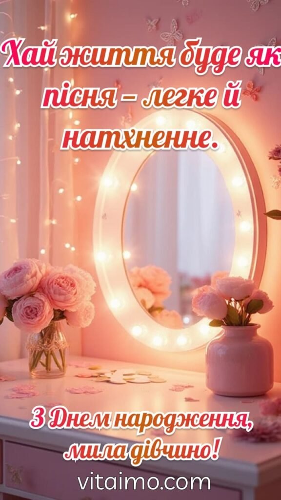 Ніжне привітання з Днем народження для милої дівчини з рожевим столиком і вогниками