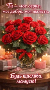 Листівка для мами з великим букетом червоних троянд у вазі серед запалених свічок і подарунків.