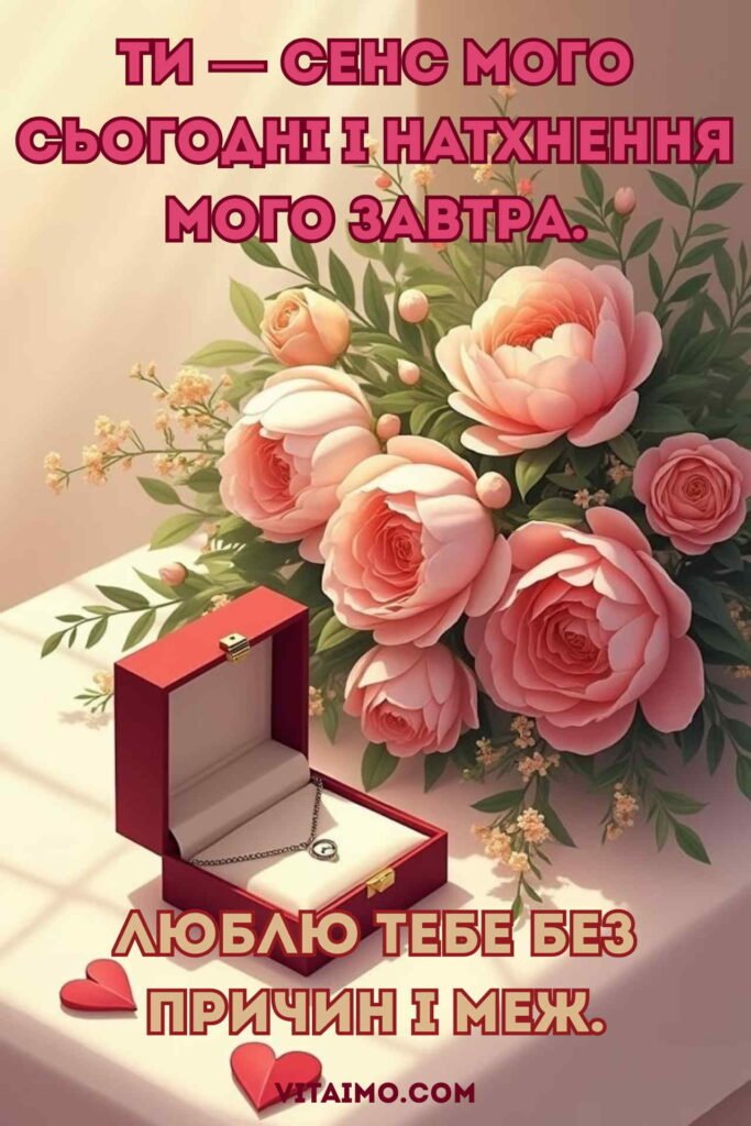 Романтичне привітання коханій жінці з рожевим букетом і коштовною прикрасою