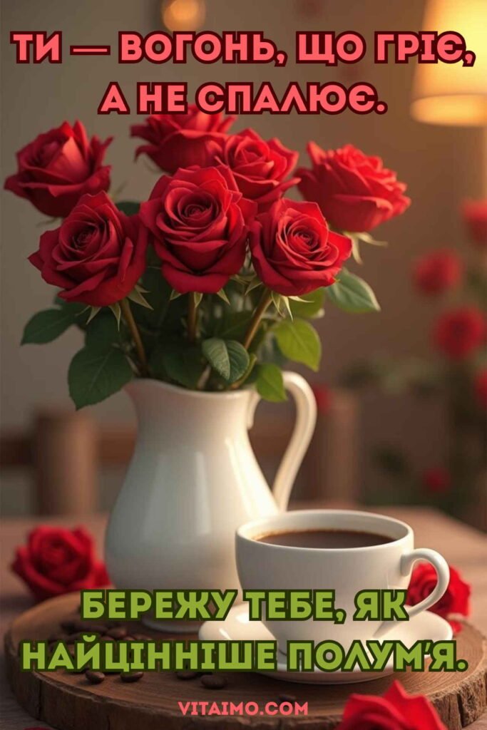 Романтичне привітання коханій жінці з трояндами та чашкою кави