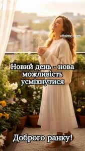 Усміхнена дівчина з чашкою напою на квітковому балконі вранці, привітання «Доброго ранку».