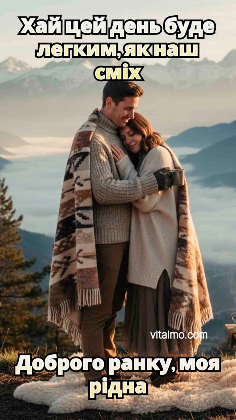 Романтичне привітання доброго ранку для коханої в горах під теплим пледом