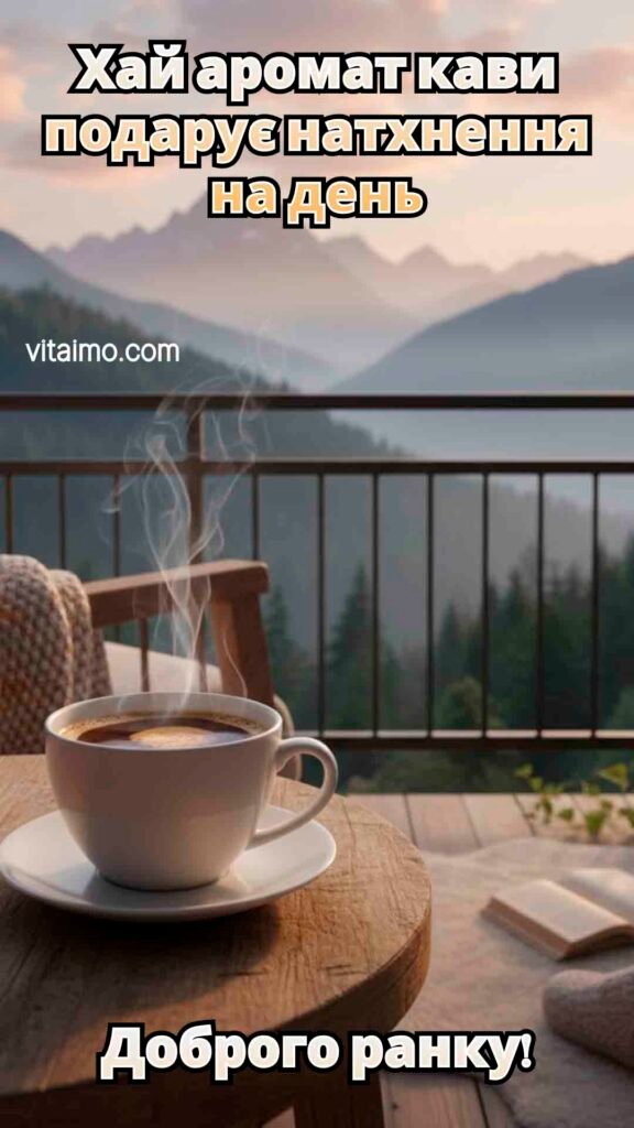 Побажання доброго ранку з ароматом кави й видом на гори