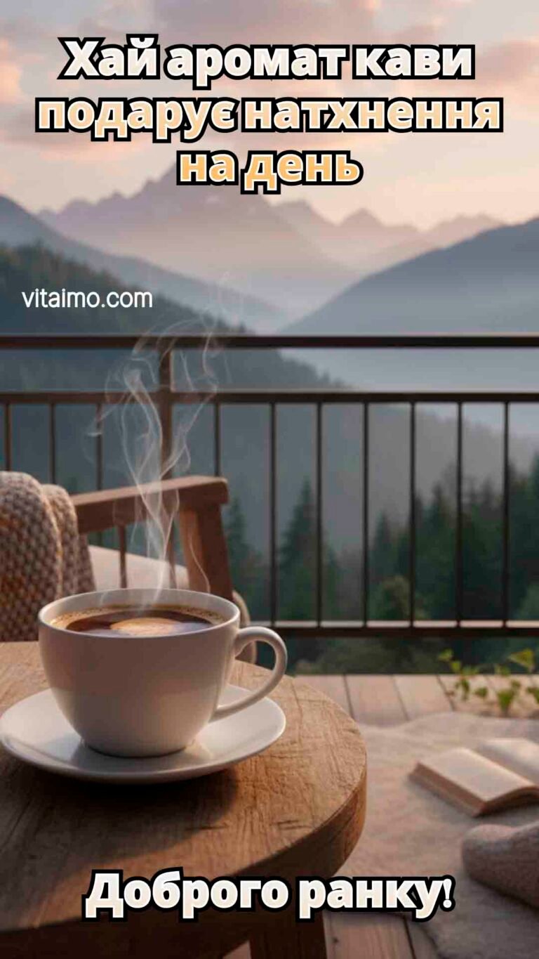 Побажання доброго ранку з ароматом кави й видом на гори