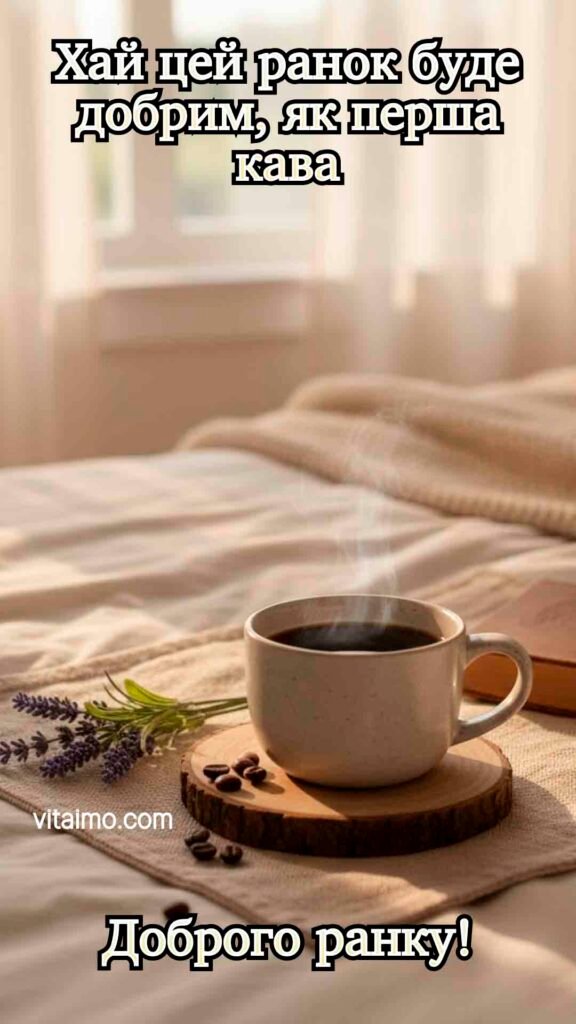 Побажання доброго і теплого ранку із чашкою кави