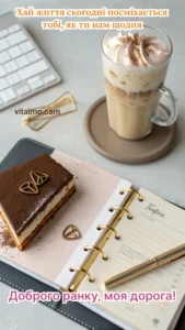 Ароматна кава з десертом на святковому ранковому привітанні для мами