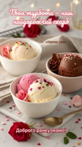 Морозиво та червона троянда на листівці з побажанням доброго ранку мамі