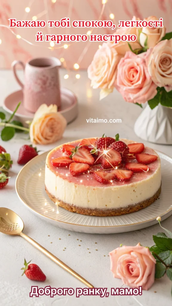 «Доброго ранку, мамо» — листівка з чізкейком і квітами