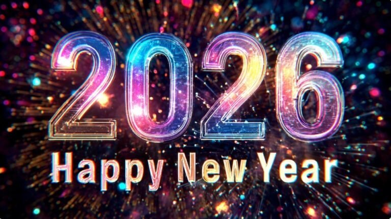 Яскрава неонова листівка Happy New Year 2026 з феєрверками