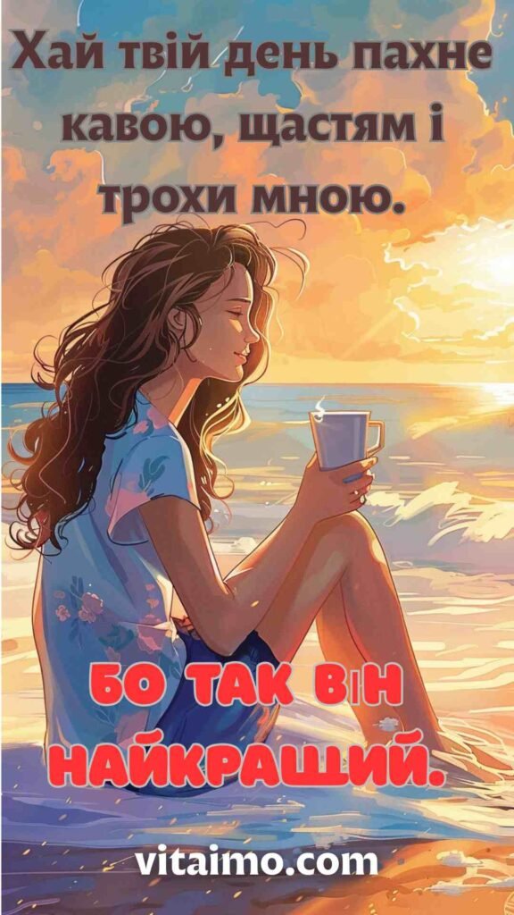 Побажання гарного дня з кавою та щастям для коханої