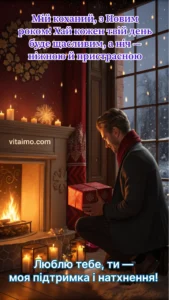 Чоловік з подарунком біля каміна — романтична новорічна листівка коханому