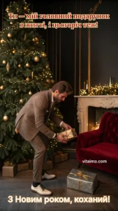 Чоловік ставить подарунок під ялинку — листівка для коханого з новорічним привітанням