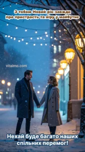 Закохана пара обіймається під вогниками міста — новорічна листівка для коханого