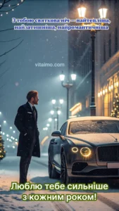 Чоловік біля автомобіля взимку — романтична новорічна листівка коханому