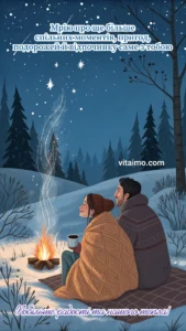 Закохана пара біля вогнища взимку — новорічна листівка для коханого