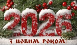 Новорічне привітання 2026 з червоними засніженими цифрами серед зеленої хвої й червоних ягід.