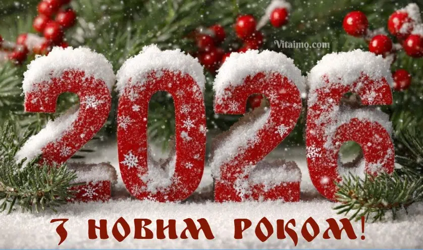 Новорічне привітання 2026 з червоними засніженими цифрами серед зеленої хвої й червоних ягід.