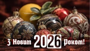 Стильне новорічне привітання 2026 року з набором блискучих ялинкових куль на темному фоні.