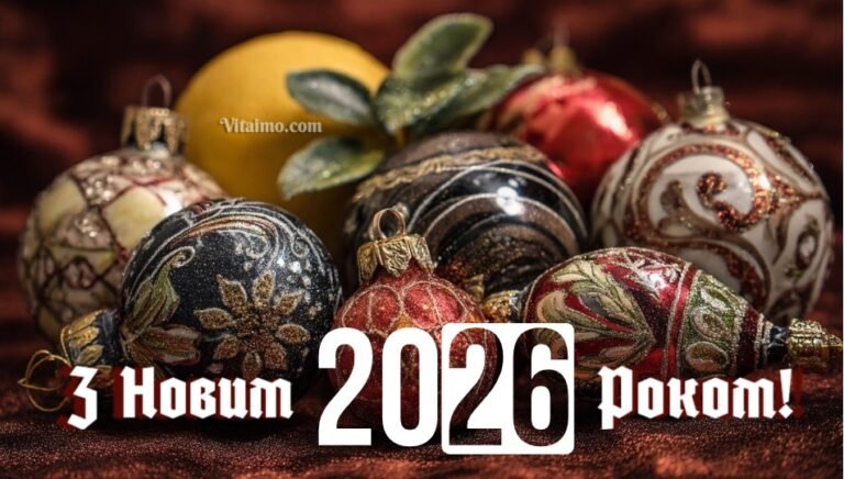 Елегантна новорічна листівка 2026 з вишуканими ялинковими кулями