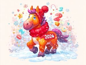 Кольорова листівка 2026 з усміхненим коником у червоній шапці та шарфі, що крокує по снігу серед конфетті й сніжинок.