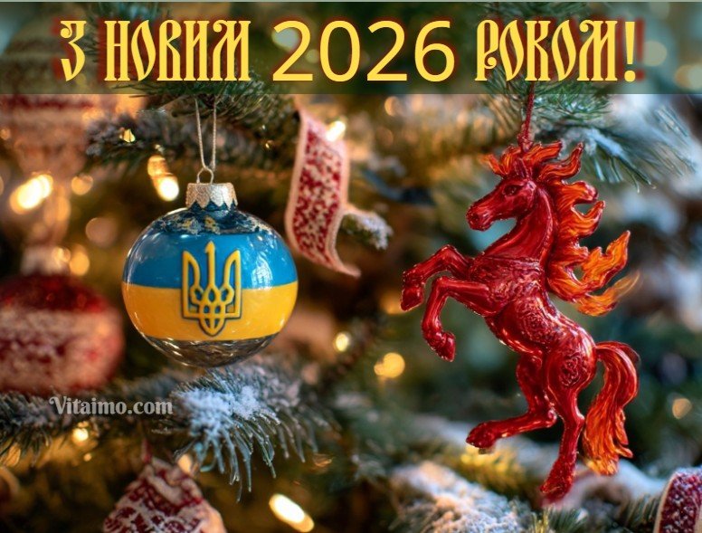 Новорічне привітання 2026 з українською ялинковою кулькою з тризубом та вогняною червоною конячкою — символом енергії й руху вперед.