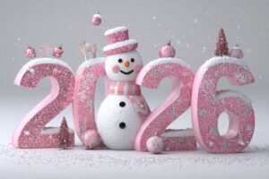Новорічна листівка 2026 з усміхненим сніговиком у рожевому вбранні серед великих рожевих цифр і зимового декору.