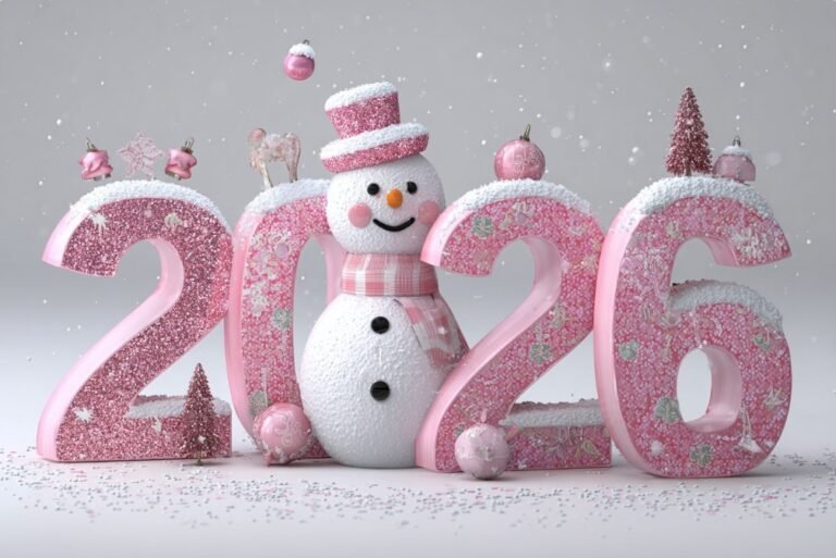 Пастельна новорічна листівка 2026 з рожевим сніговиком і святковими цифрами