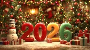 Новорічна листівка 2026 з великими кольоровими цифрами, сніговиком, прикрашеними ялинками та подарунками на снігу.