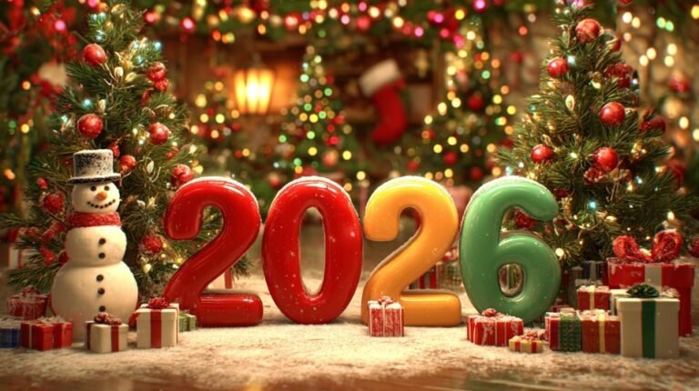 Яскрава листівка З Новим 2026 роком із сніговиком, ялинками й подарунками