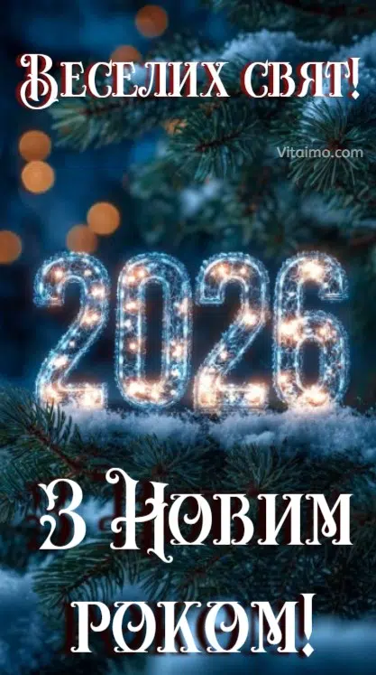 Листівка Веселих свят і З Новим 2026 роком із сяючими цифрами на ялинці